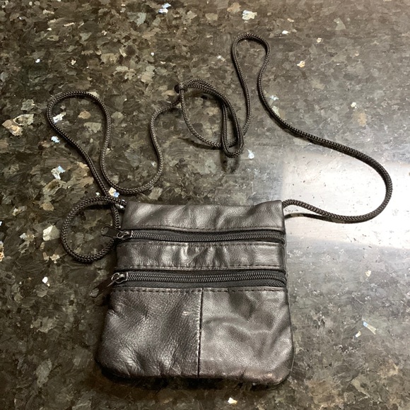 Handbags - Black Leather Neck Under Clothes Double Pocket Money Pouch